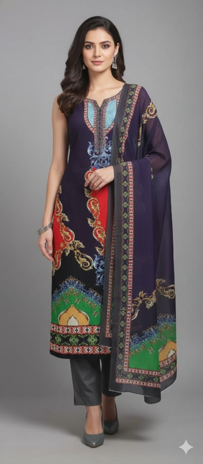 Blue Multi Velvet Printed Dress Material V104