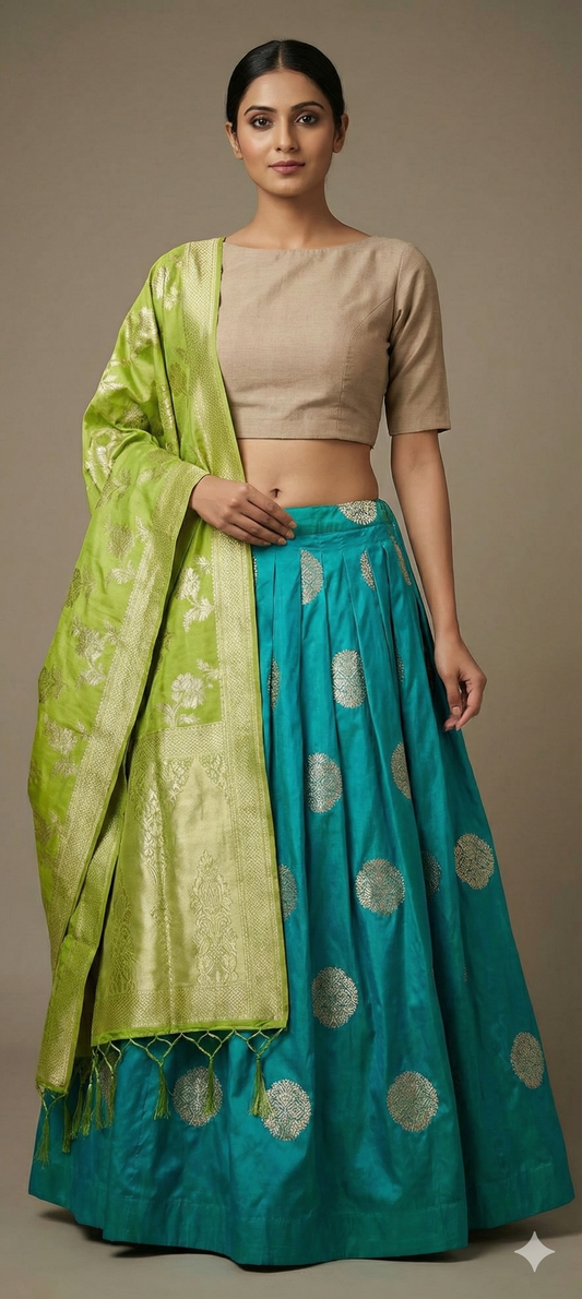 Designer Dupion Silk Turquoise Ready To Wear Lehenga Skirt with Banarasi Dupatta ALC29