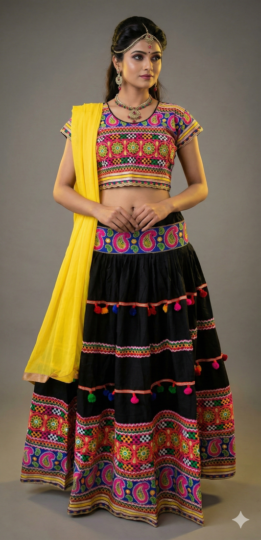 Black Garba Cotton Chaniya Choli 3 Piece Lehenga Kutchi Work GB11