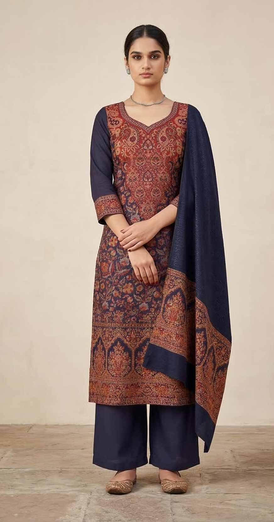 Deep Blue Pashmina Kani Weave Salwar Kameez Dress Material C326