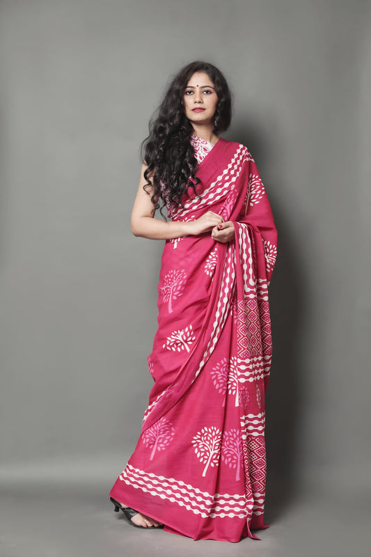 Pink Hand Block Printed Mulmul Cotton saree AA15