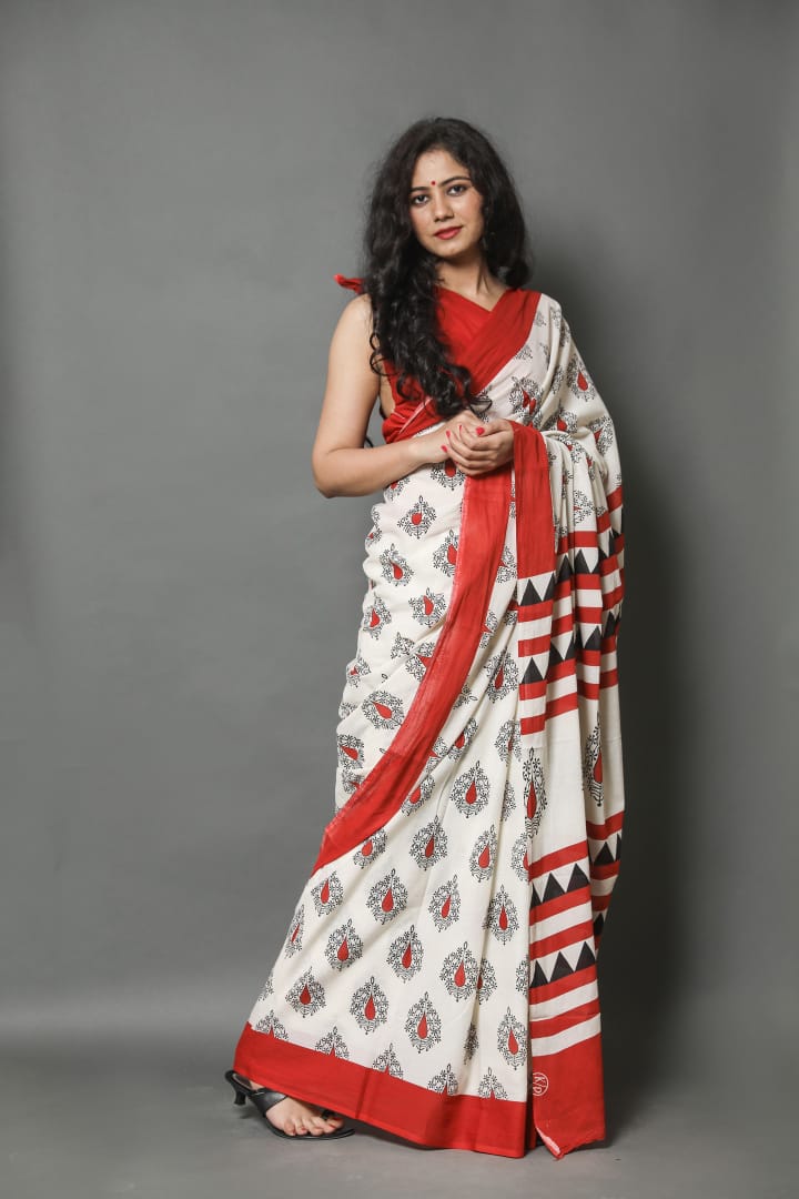 Off white Hand Block Printed Mulmul Cotton saree AA02