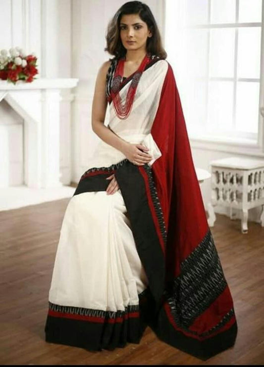 Cream Hand Block Ikkat Printed Cotton saree AA13