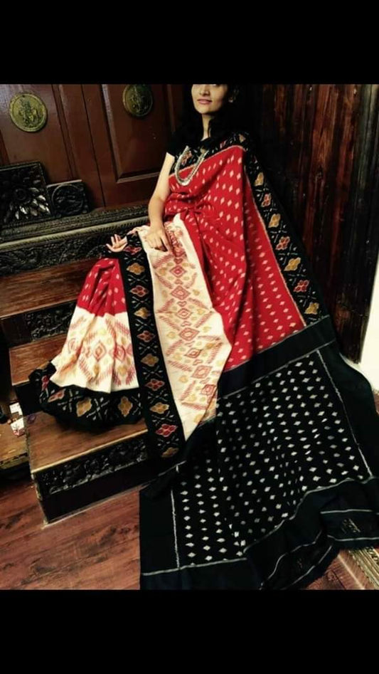 Red Black Block Printed Cotton saree AA12