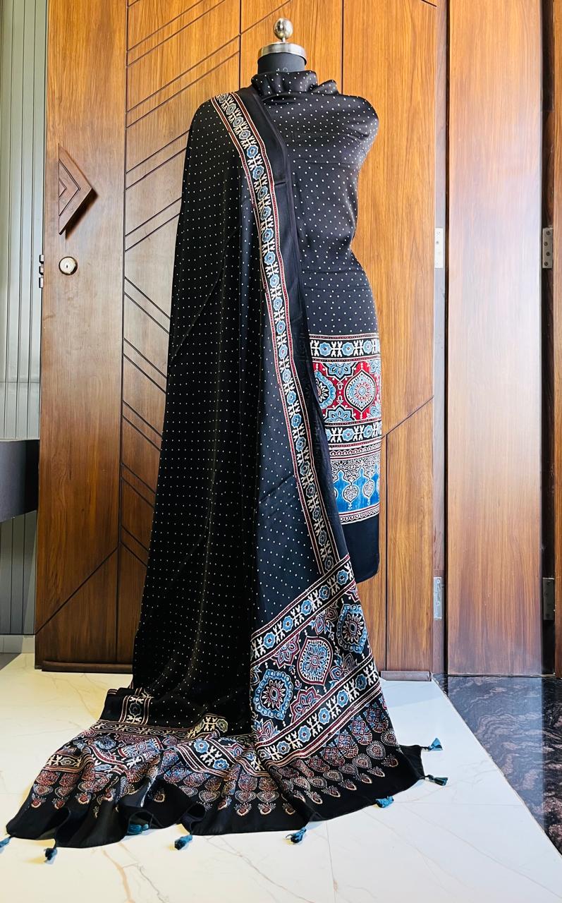Black Pure Modal Silk Ajrakh Printed Kurta Dupatta Set (Unstitched) | Premium Artisan Crafted Dress Material
