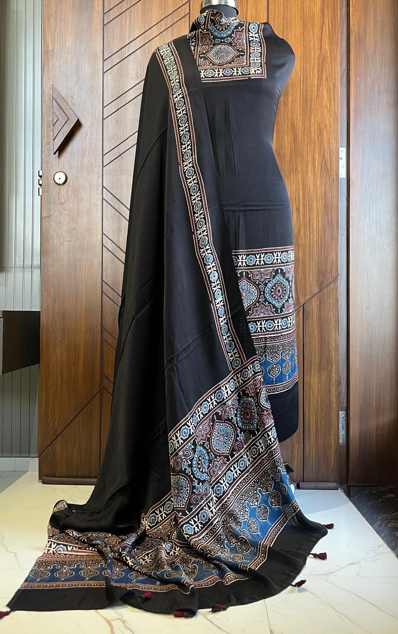 Black Pure Modal Silk Ajrakh Printed Kurta Dupatta Set (Unstitched) | Premium Artisan Crafted Dress Material