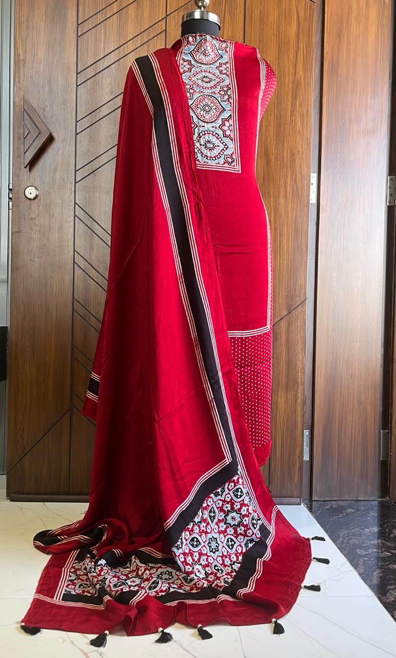 Maroon Pure Modal Silk Ajrakh Printed Kurta Dupatta Set (Unstitched) | Premium Artisan Crafted Dress Material