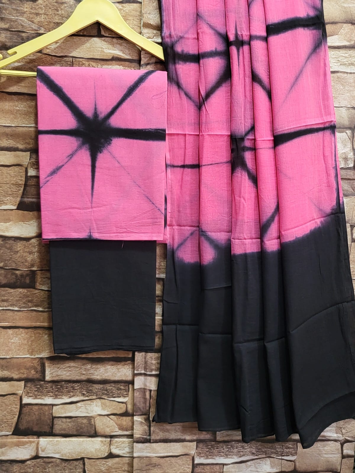Pink Black Shibori Cotton Hand Block Printed Suit Unstitched Dress Material