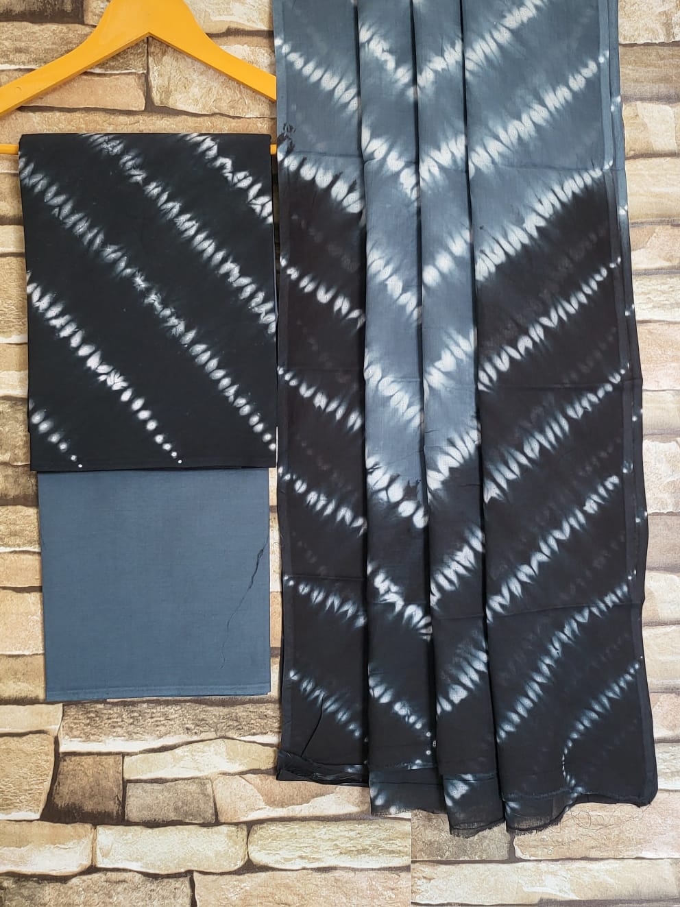 Black Shibori Cotton Hand Block Printed Suit Unstitched Dress Material