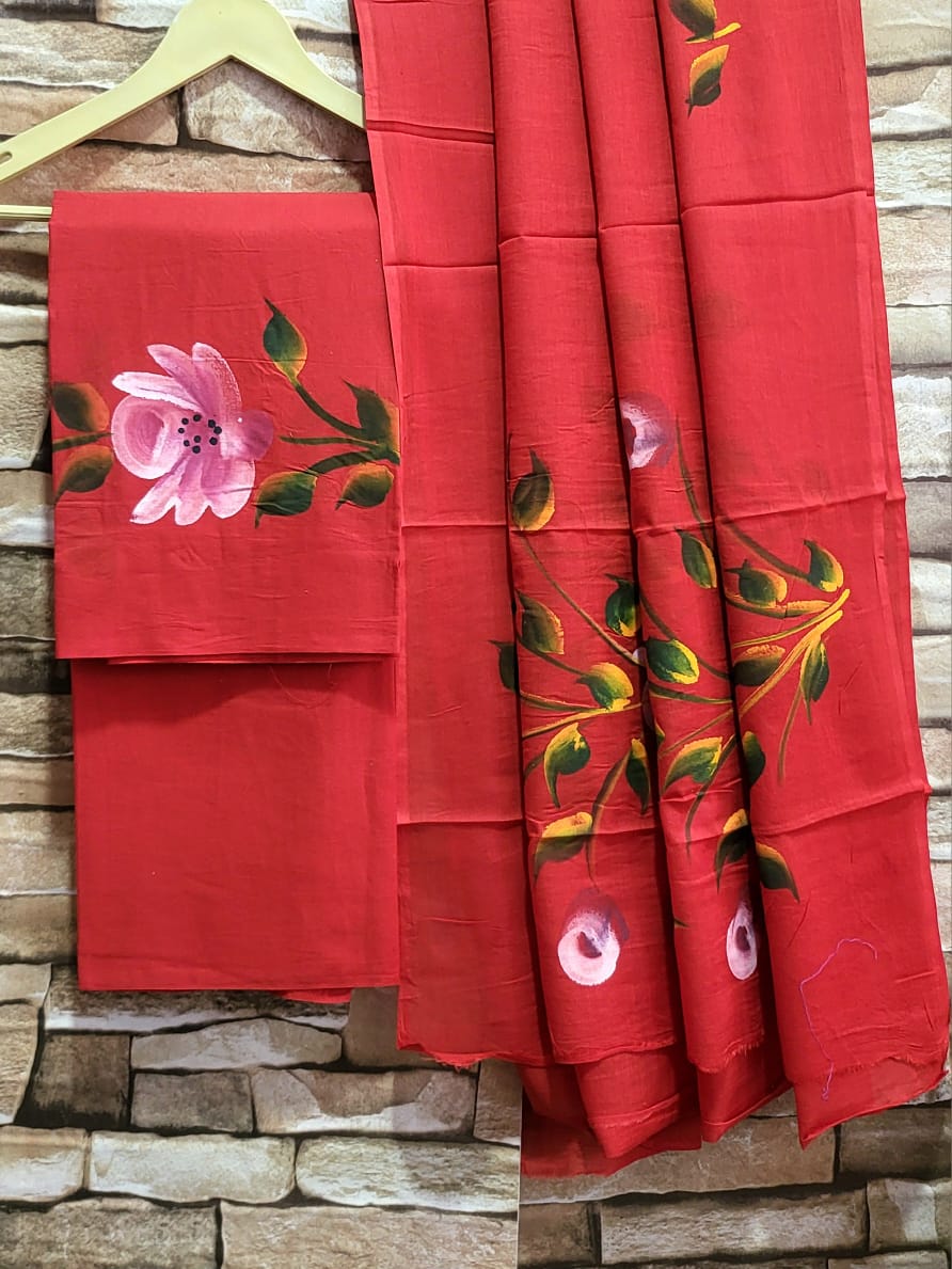 Red Cotton Hand Block Printed Suit Unstitched Dress Material
