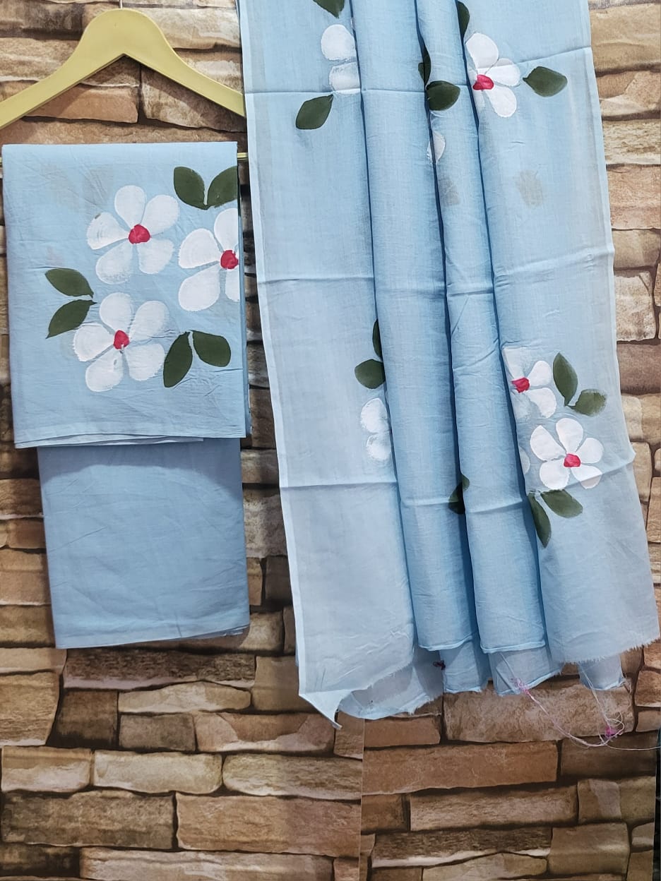 Sky blue Cotton Hand Block Printed Suit Unstitched Dress Material