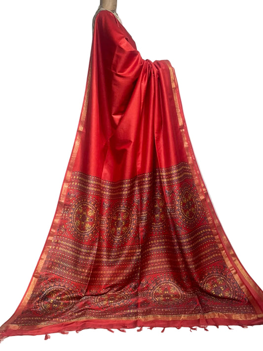 Red Soft Silk Madhubani Printed Saree