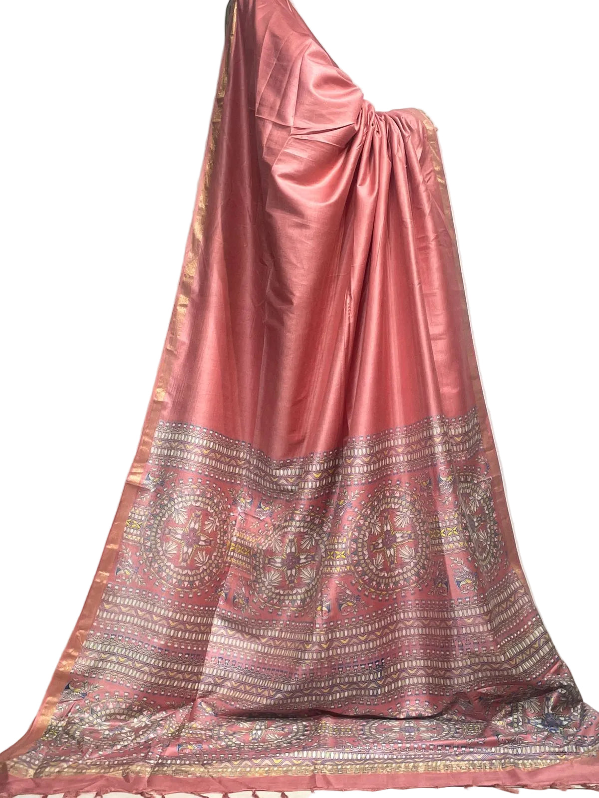 Powder Pink Soft Silk Madhubani Printed Saree