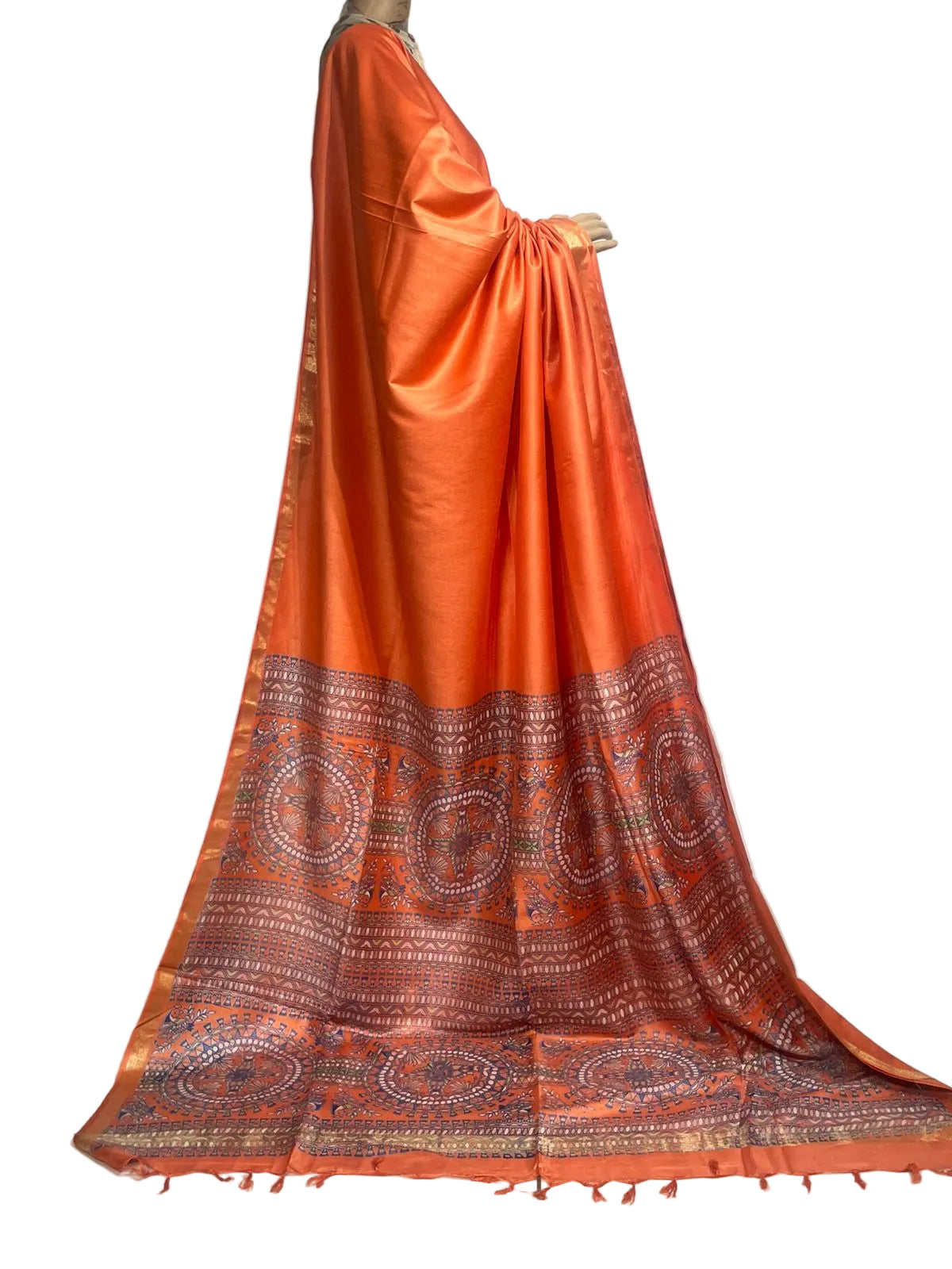 Orange Soft Silk Madhubani Printed Saree