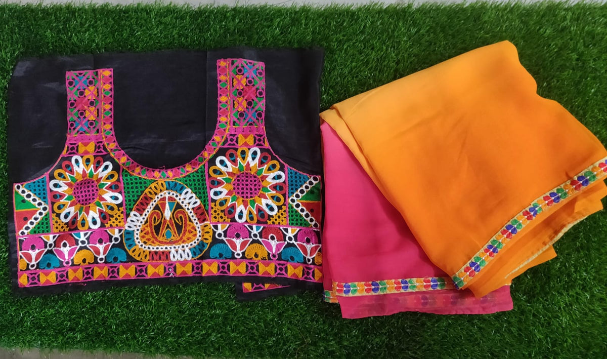 Orange shaded chiffon saree with Kutchi work Blouse
