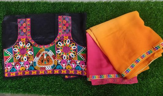 Orange shaded chiffon saree with Kutchi work Blouse