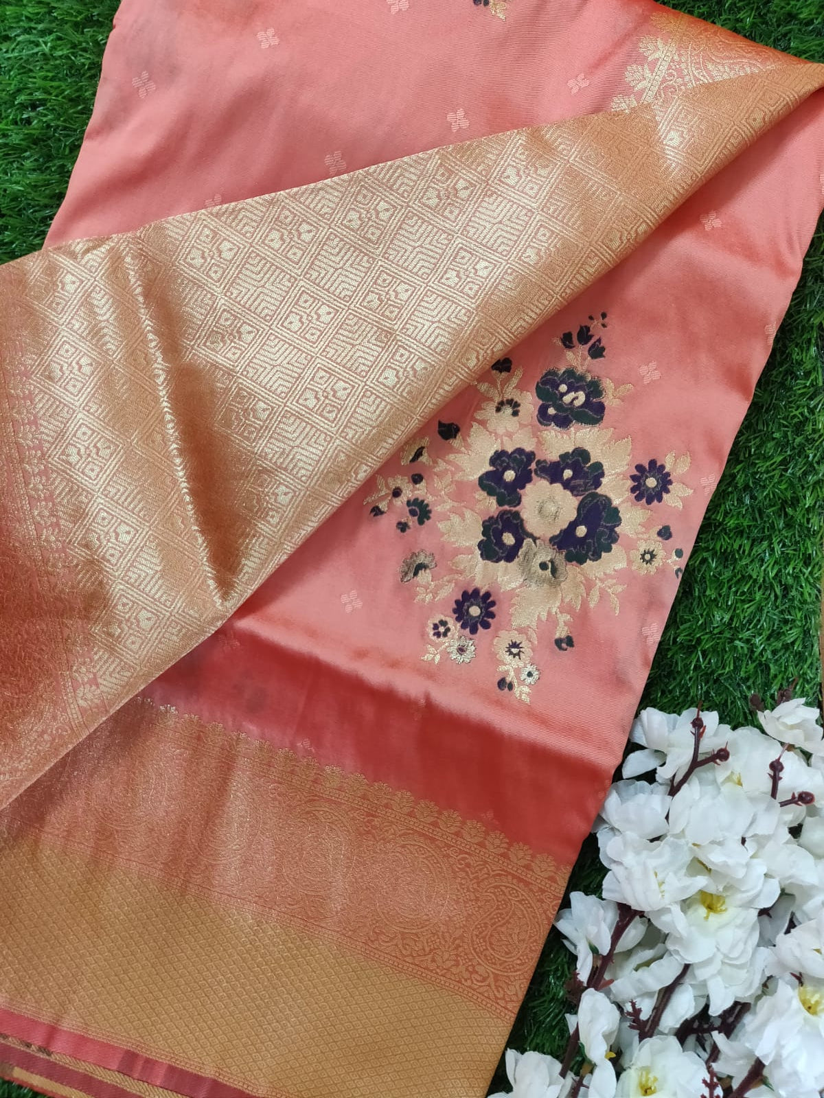 Designer Peach Pink Weaven Katan Pure Silk Saree MAN2202