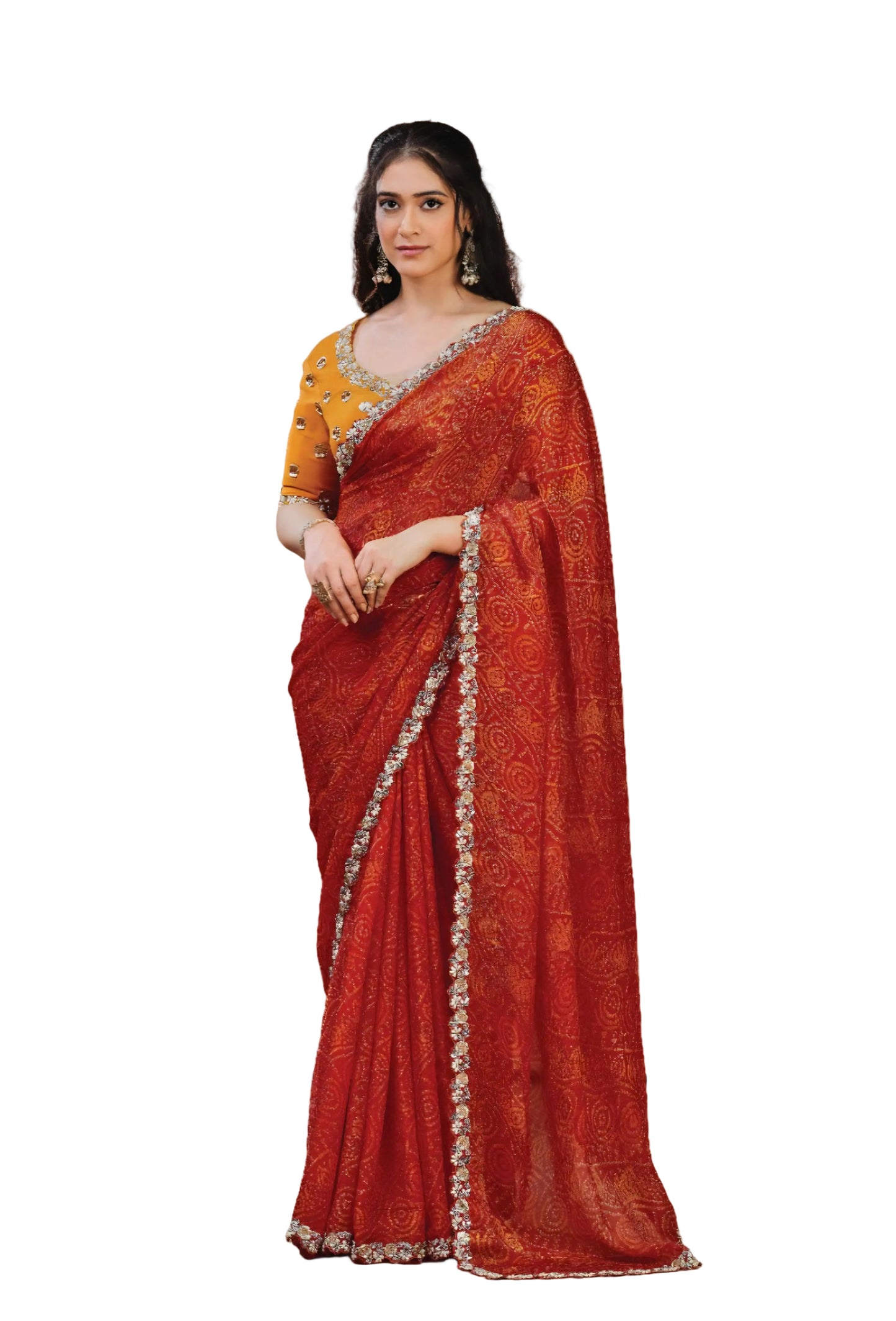 Dual Tone Red orange Satin Silk Bandhej saree with hand work