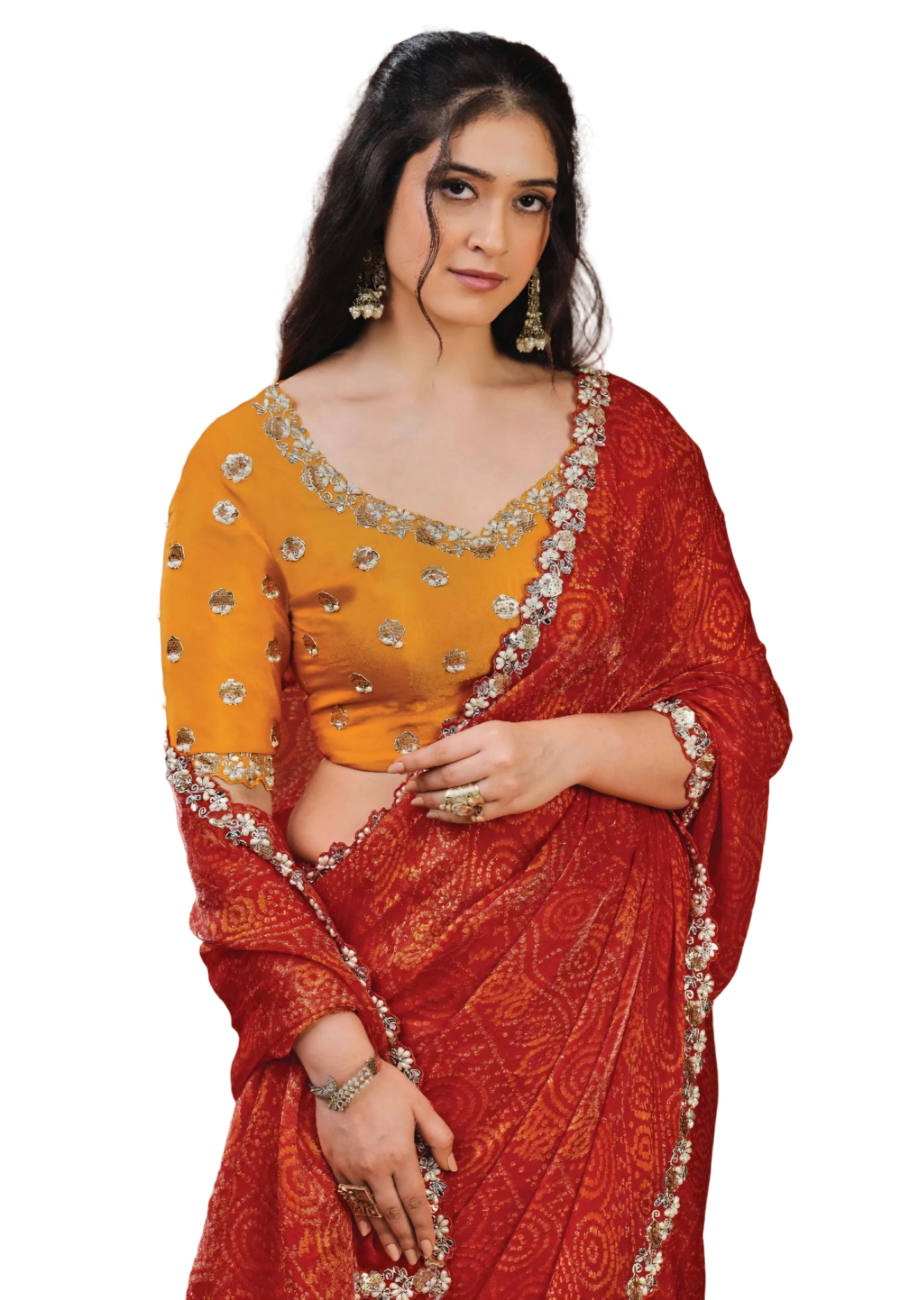 Dual Tone Red orange Satin Silk Bandhej saree with hand work