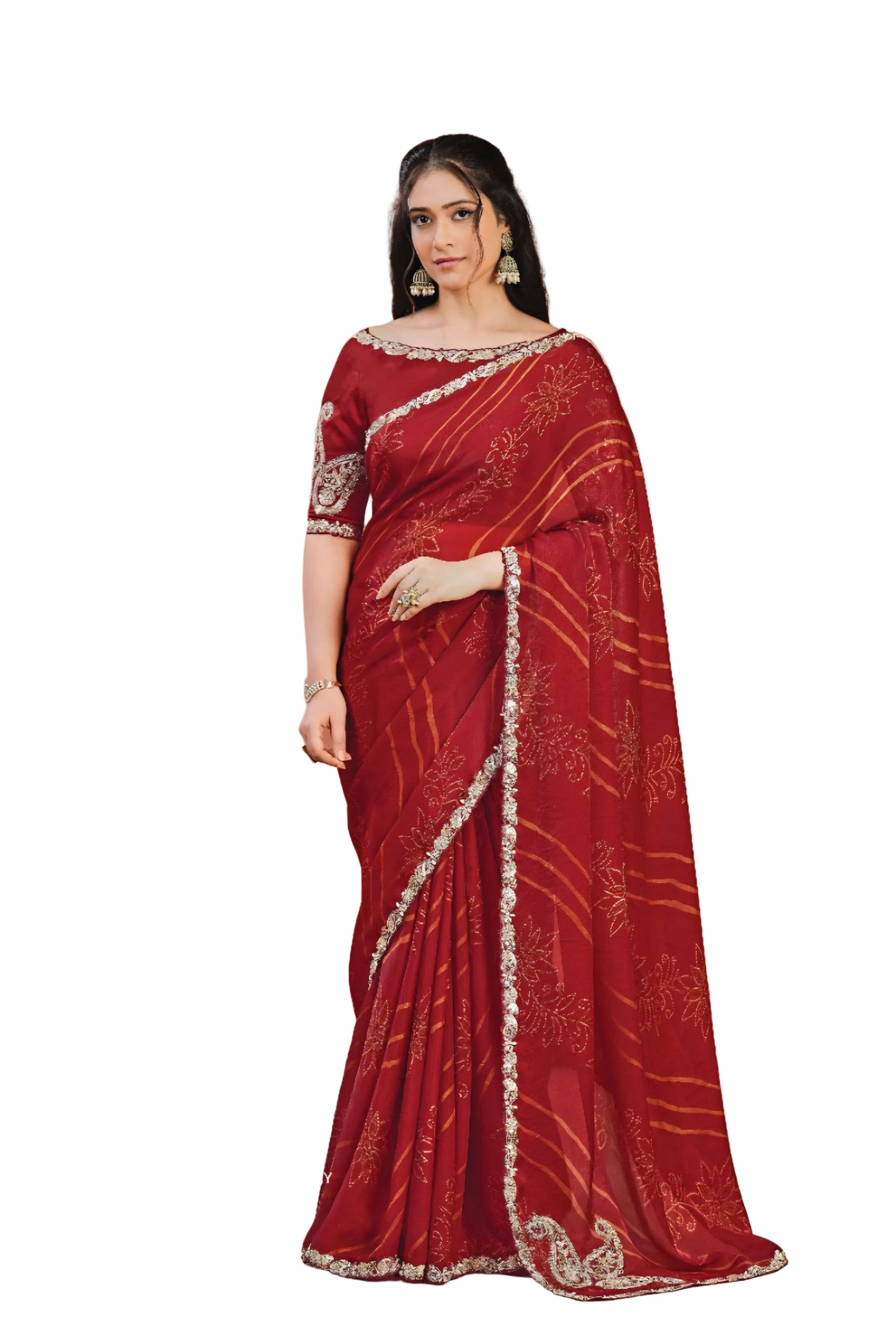 Dual Tone Red Satin Silk Bandhej saree with hand work