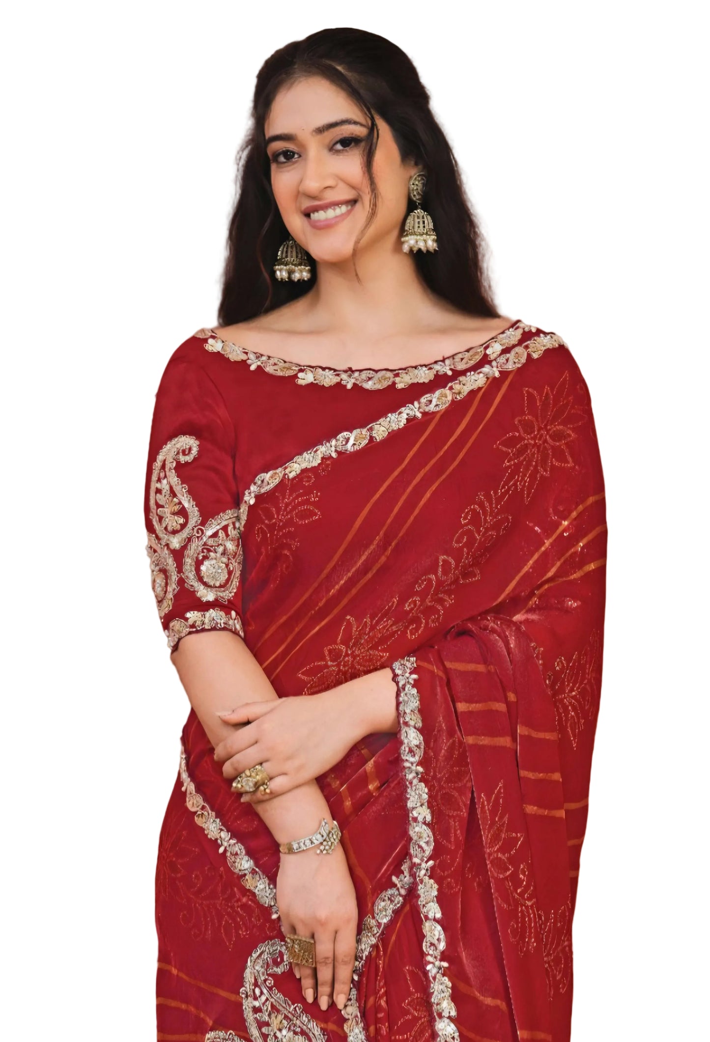 Dual Tone Red Satin Silk Bandhej saree with hand work
