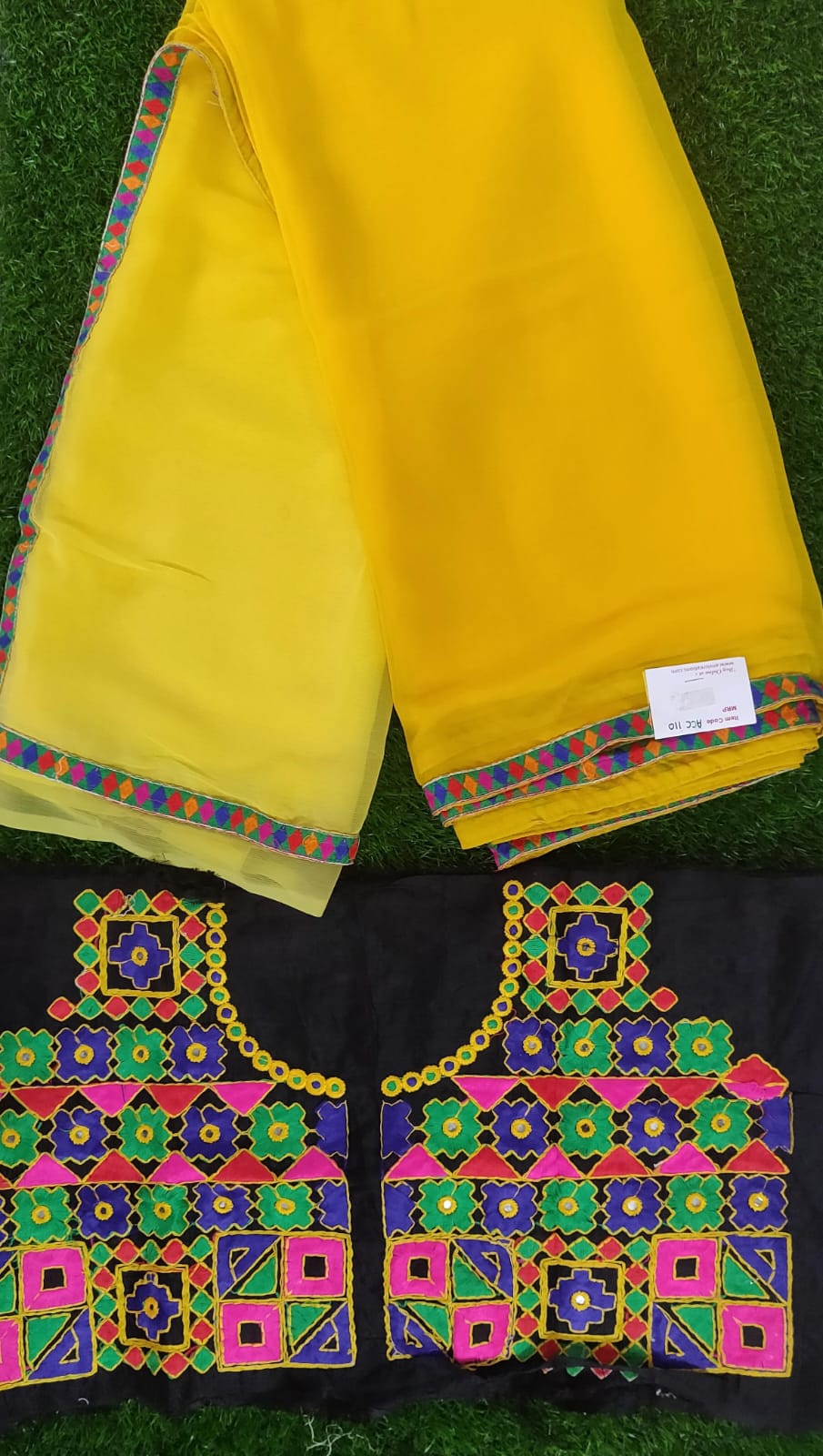 Yellow shaded chiffon saree with Kutchi work Blouse
