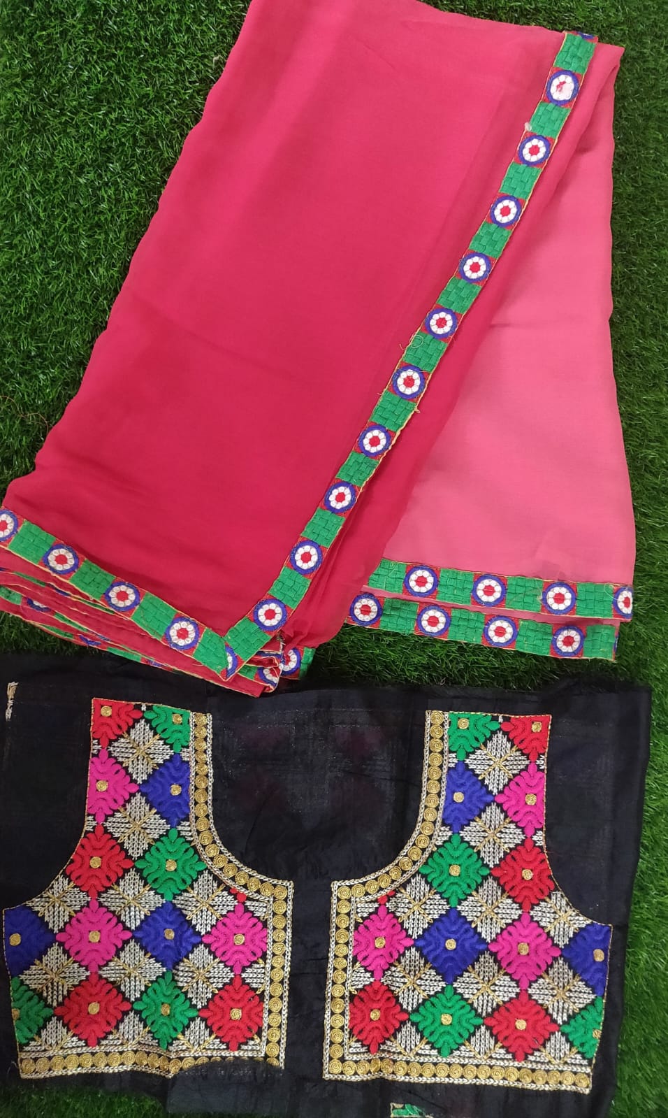 Pink shaded chiffon saree with Kutchi work Blouse