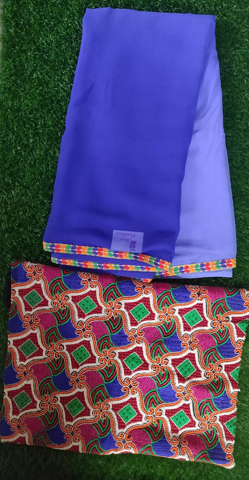 Blue shaded chiffon saree with Kutchi work Blouse