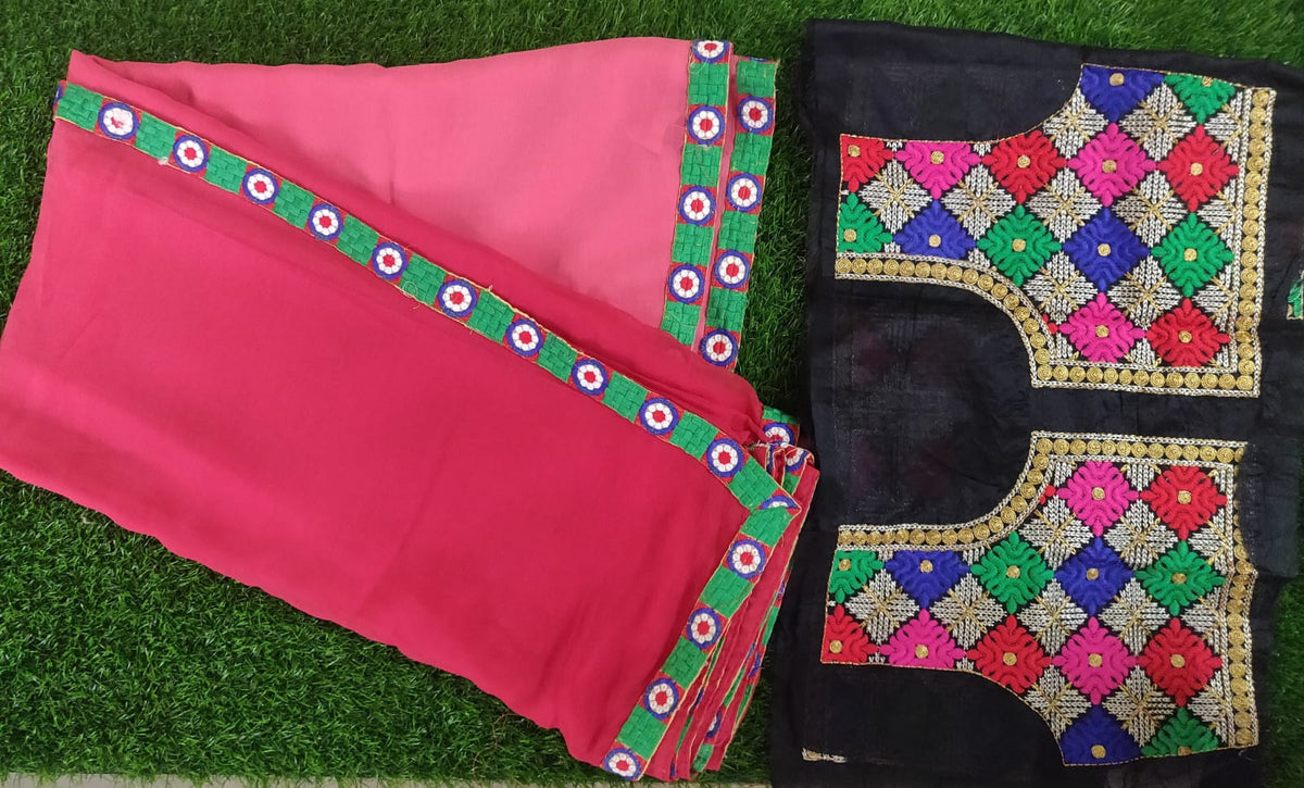 Pink shaded chiffon saree with Kutchi work Blouse