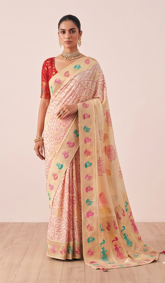 Designer Weaving Pure Georgette Off White Bandhani Saree K482
