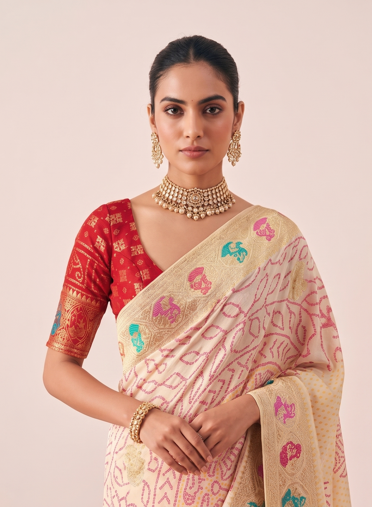 Designer Weaving Pure Georgette Off White Bandhani Saree K482