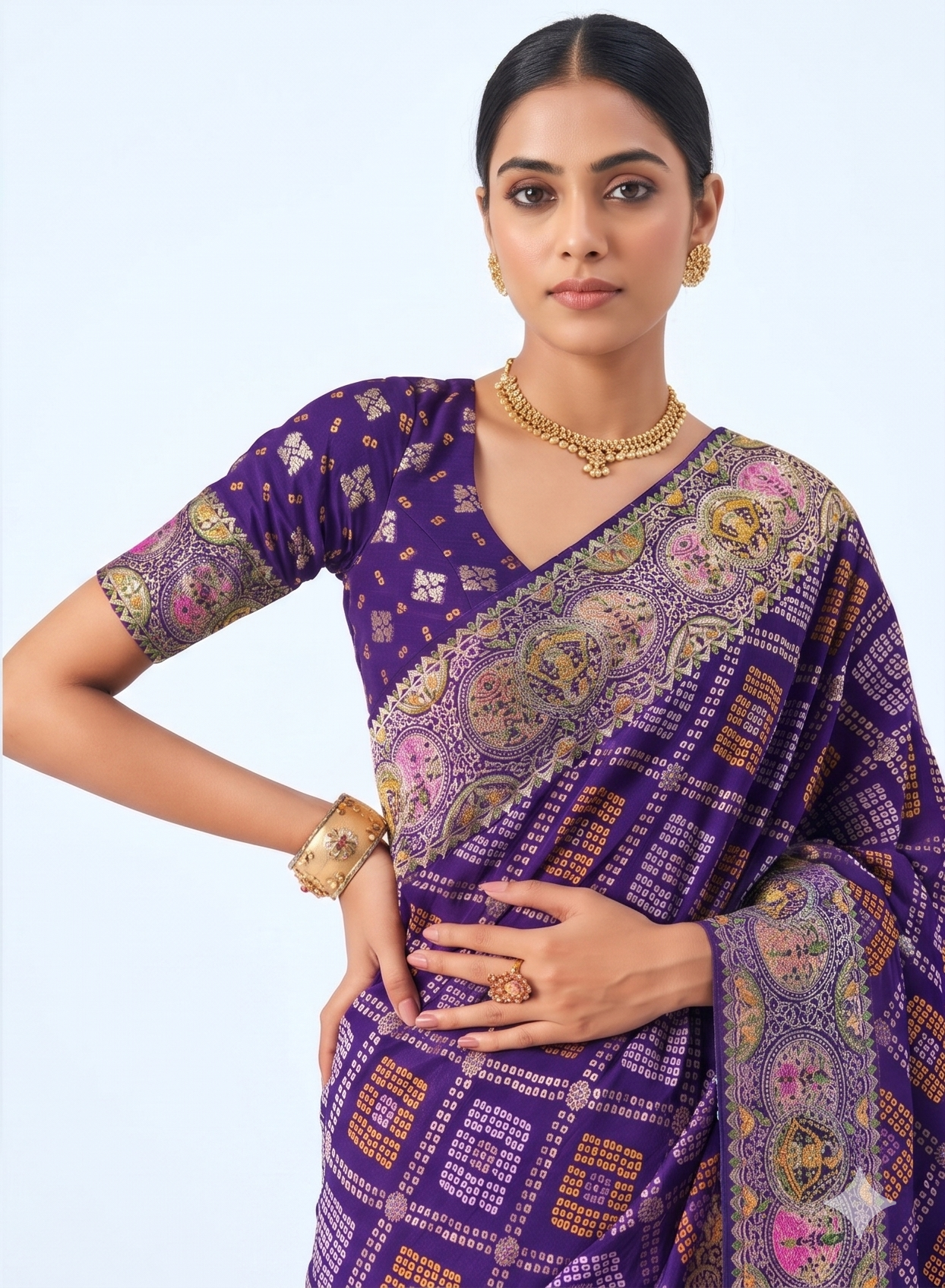 Designer Weaving Pure Georgette Purple Bandhani Saree K485