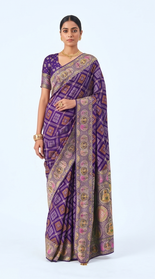 Designer Weaving Pure Georgette Purple Bandhani Saree K485