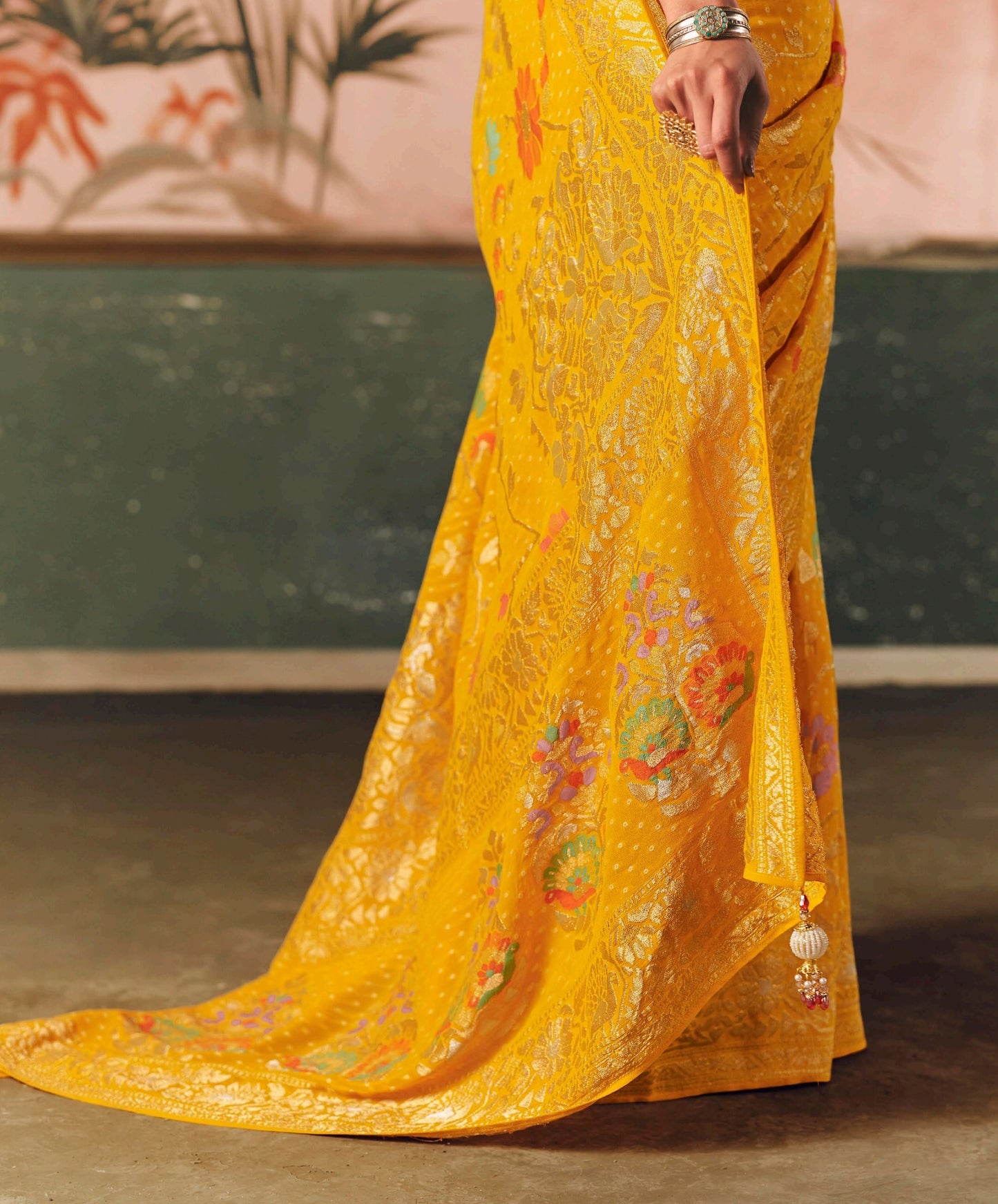 Designer Weaving Pure Georgette Yellow Bandhani Saree K488