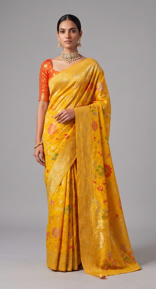 Designer Weaving Pure Georgette Yellow Bandhani Saree K488