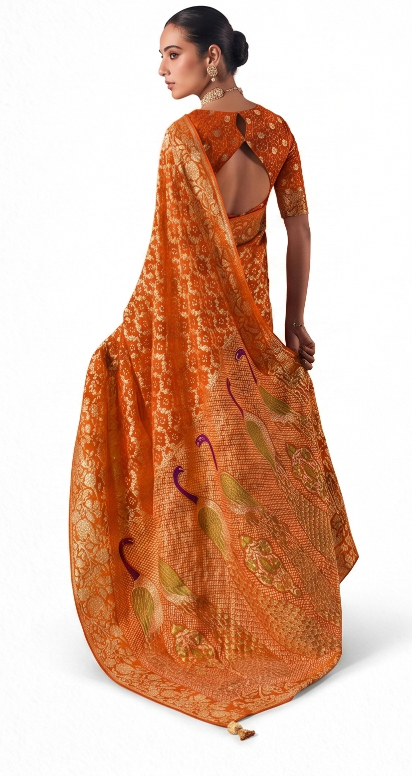 Designer Weaving Pure Georgette Orange Bandhani Saree K490