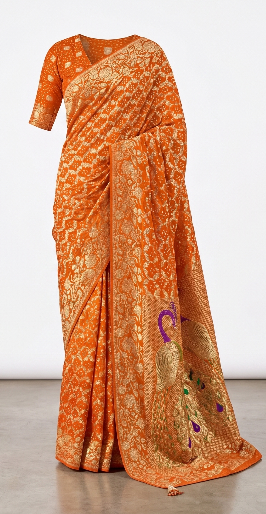 Designer Weaving Pure Georgette Orange Bandhani Saree K490