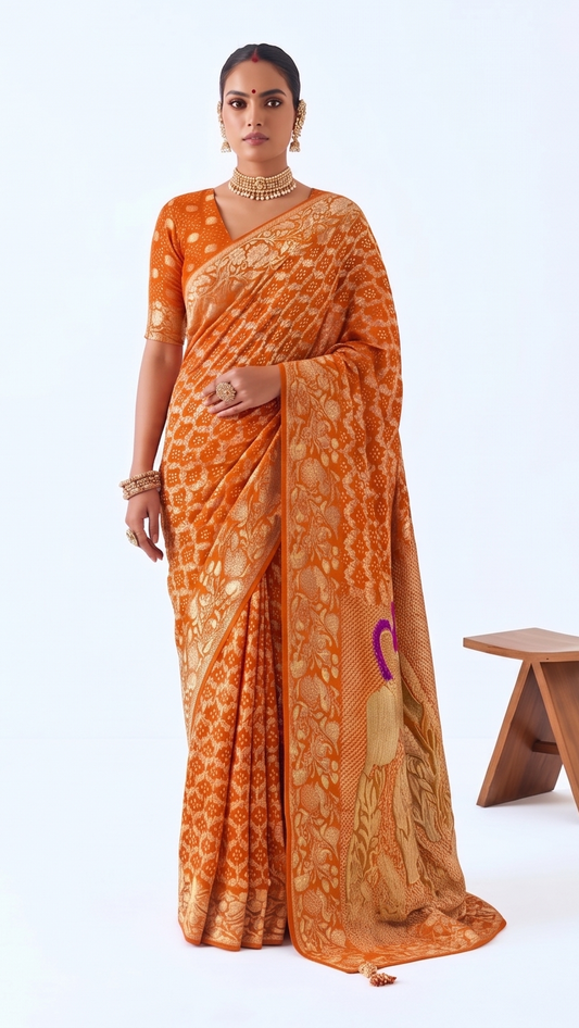 Designer Weaving Pure Georgette Orange Bandhani Saree K490