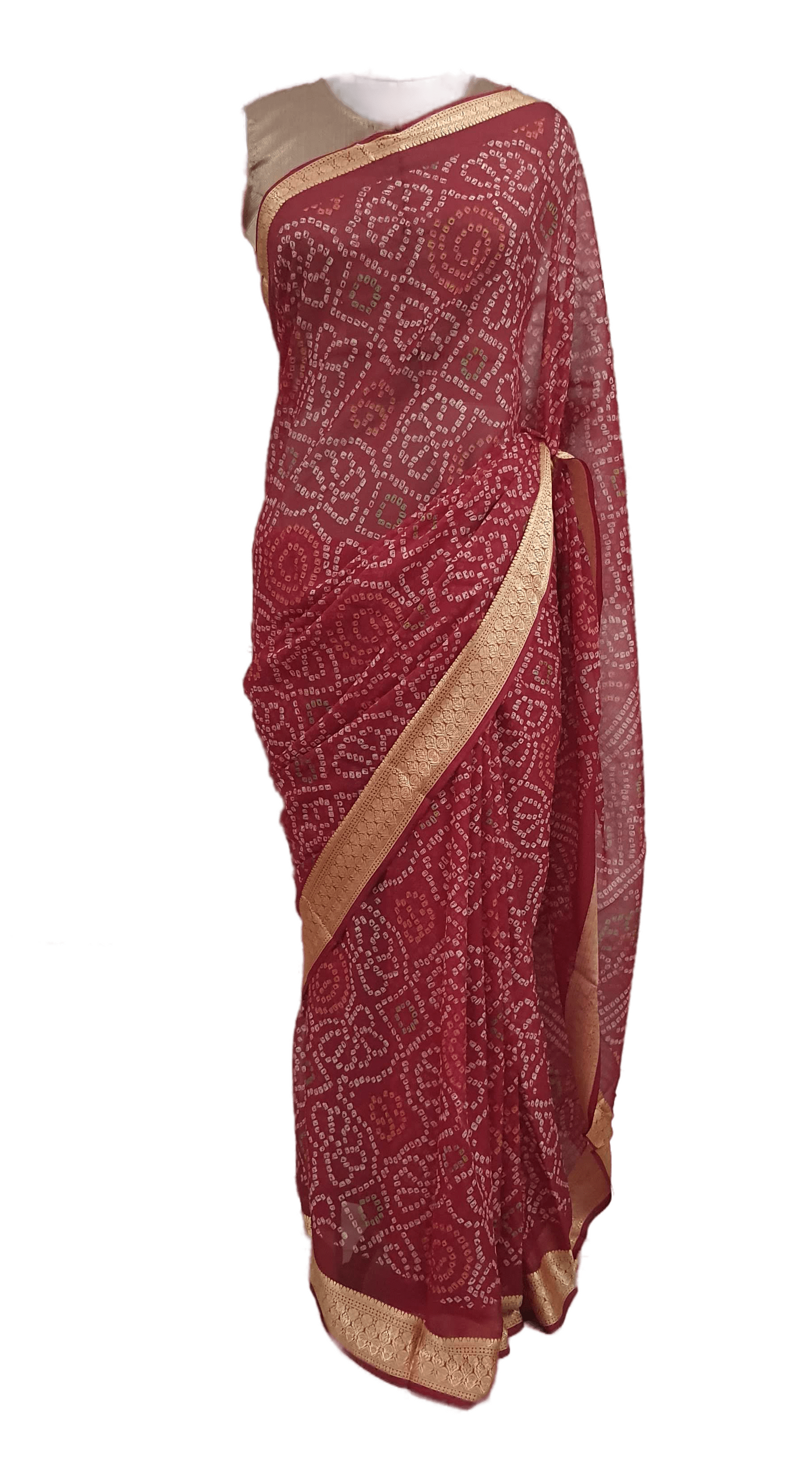 Beautiful Rust Red Printed Chiffon Bandhej Bandhani Saree