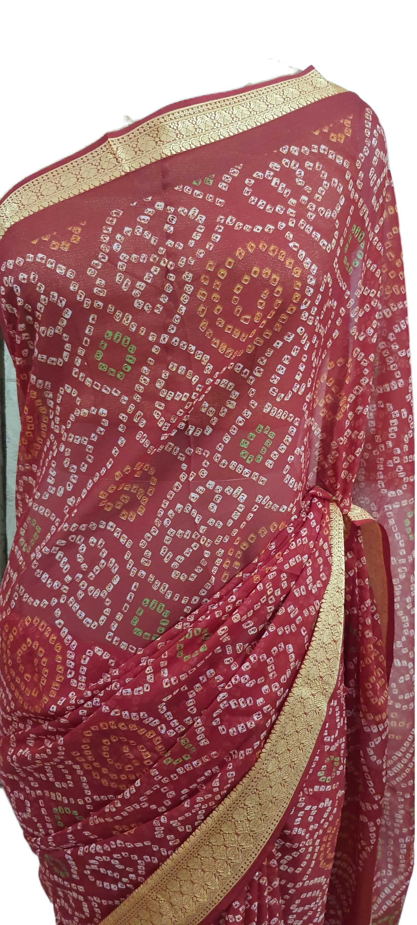 Beautiful Rust Red Printed Chiffon Bandhej Bandhani Saree