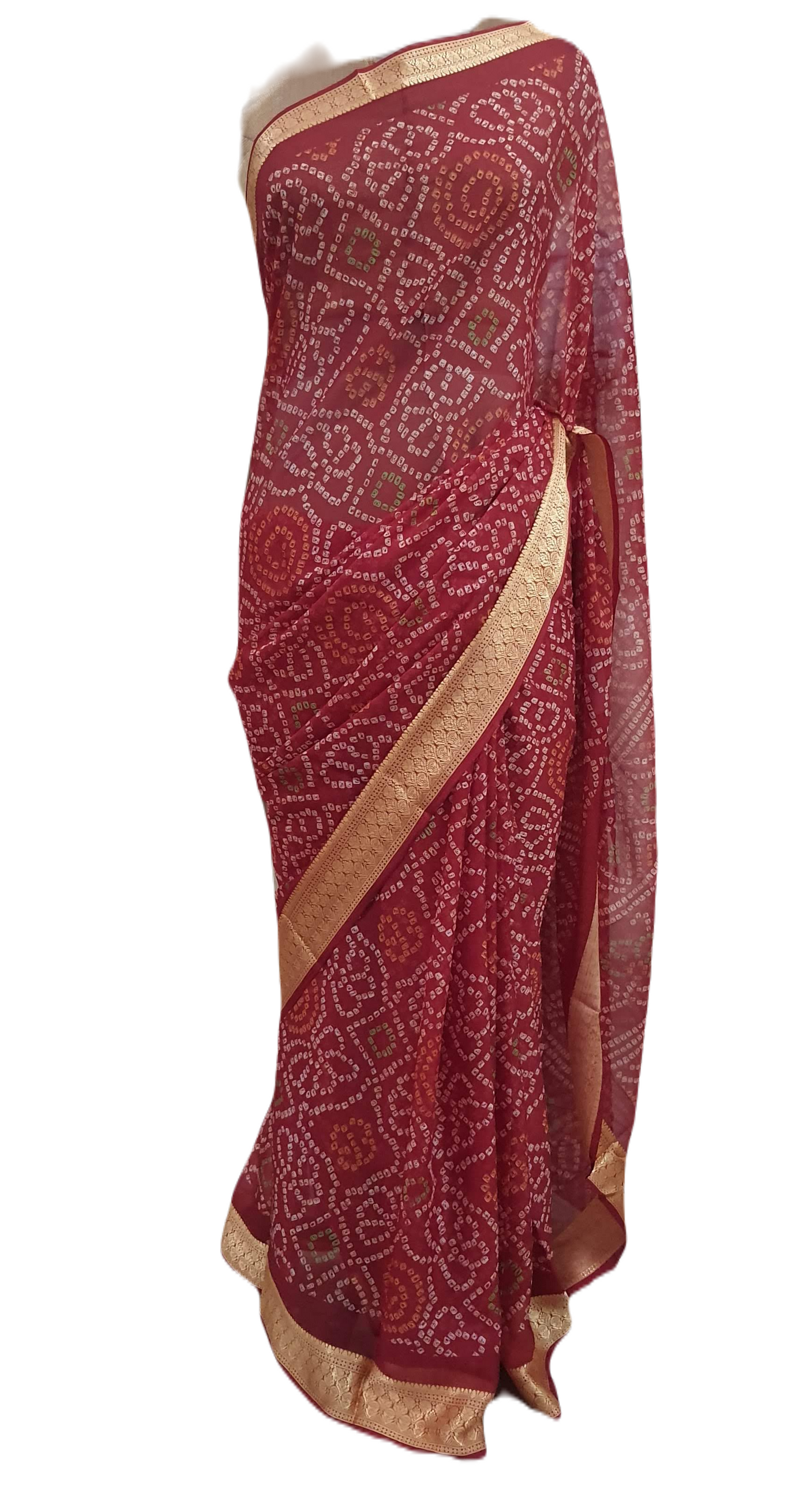 Beautiful Rust Red Printed Chiffon Bandhej Bandhani Saree