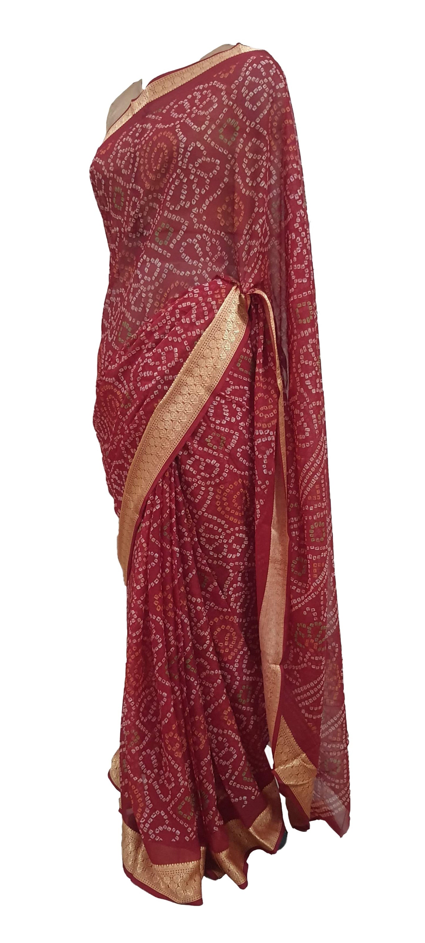 Beautiful Rust Red Printed Chiffon Bandhej Bandhani Saree