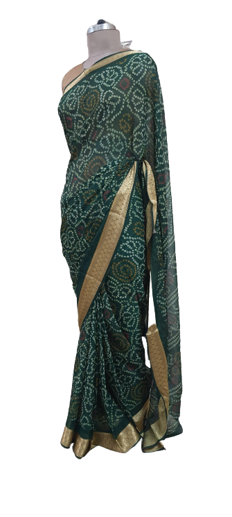 Beautiful Green Printed Chiffon Bandhej Bandhani Saree