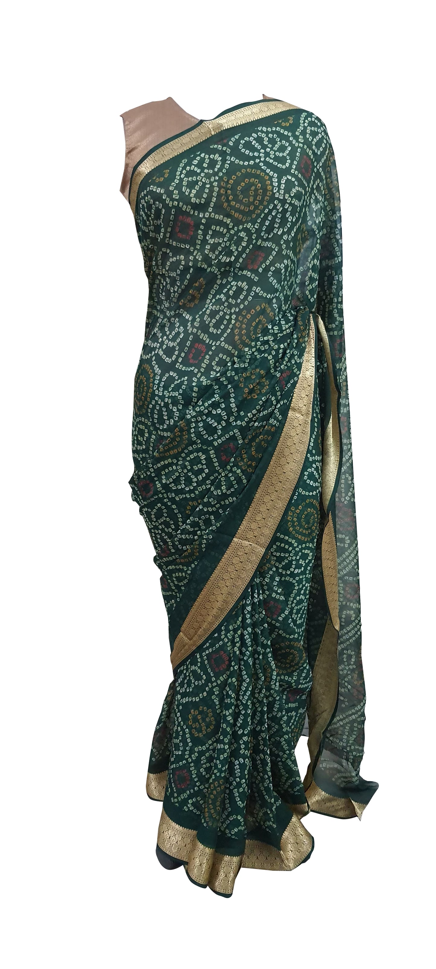 Beautiful Green Printed Chiffon Bandhej Bandhani Saree