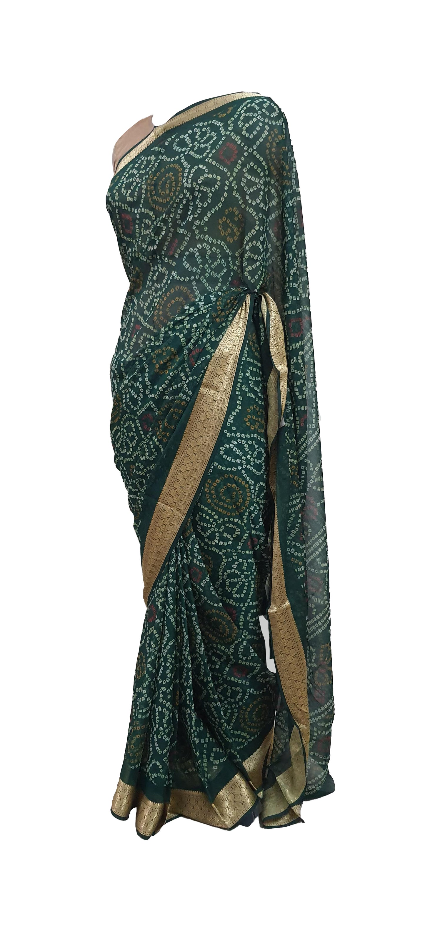 Beautiful Green Printed Chiffon Bandhej Bandhani Saree