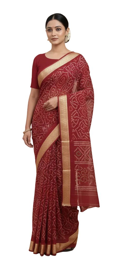 Beautiful Rust Red Printed Chiffon Bandhej Bandhani Saree