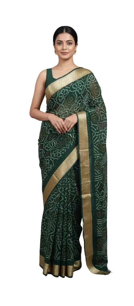 Beautiful Green Printed Chiffon Bandhej Bandhani Saree
