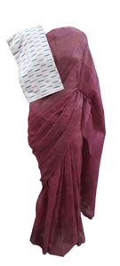 Onion Pink Katan Ghicha Saree with Pure Ikkat Cotton Blouse KG06