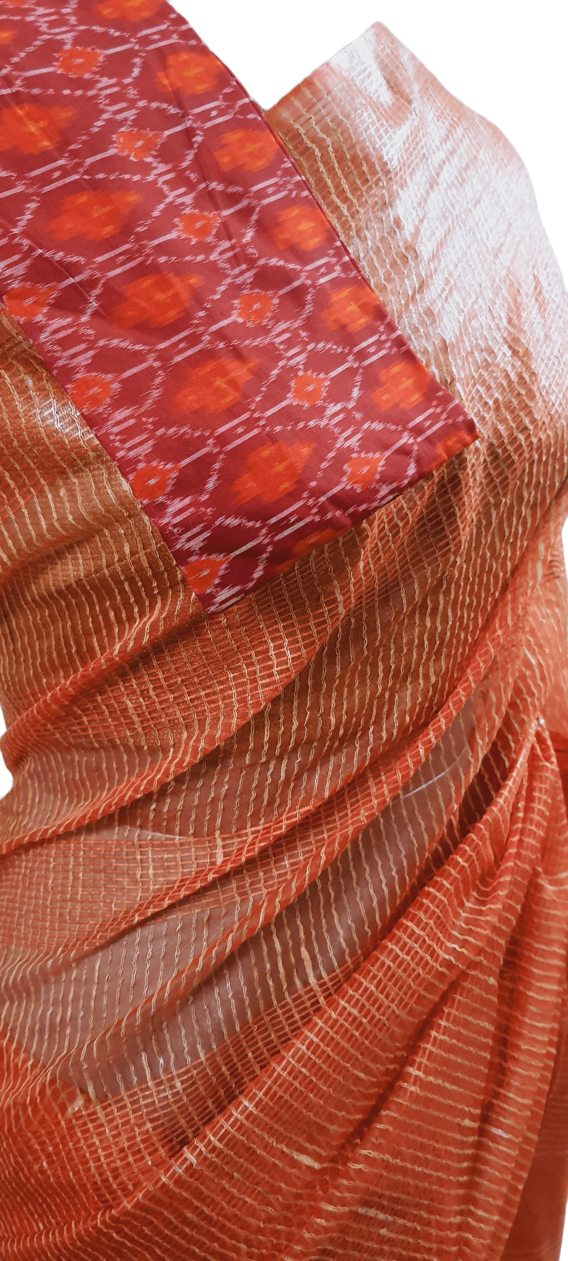 Orange Katan Ghicha Saree with Pure Ikkat Silk Blouse KG09 - Ethnic's By Anvi Creations