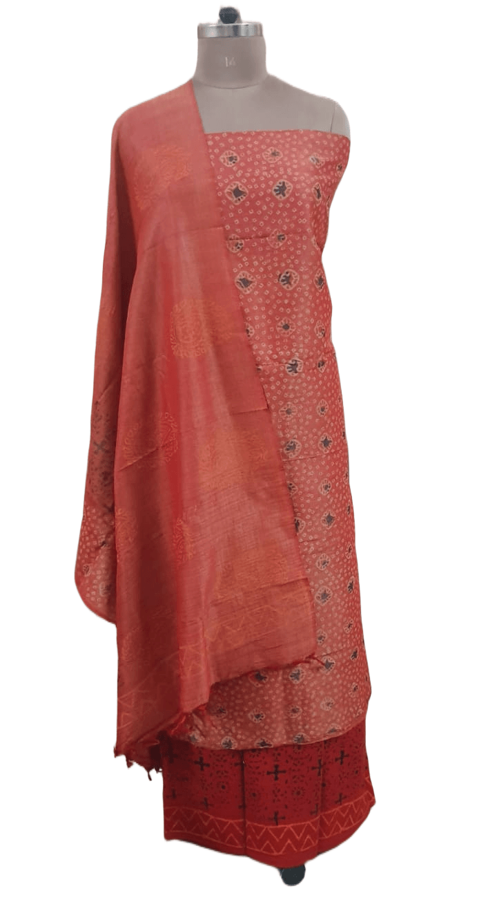 Rust Orange Khadi Cotton Silk Block Printed Suit
